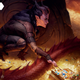 A female Tiefling rogue sneaks around a sleeping dragon's tail to steal a golden necklace from its pile of treasure.